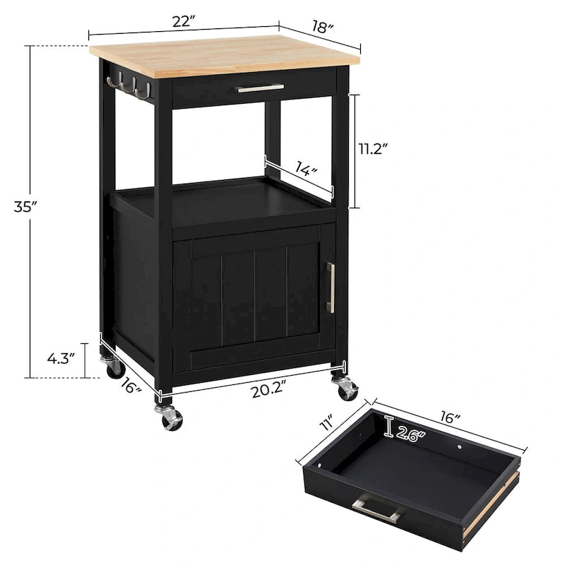 Black Rolling Kitchen Cart with Drawer & Bottom Shelf