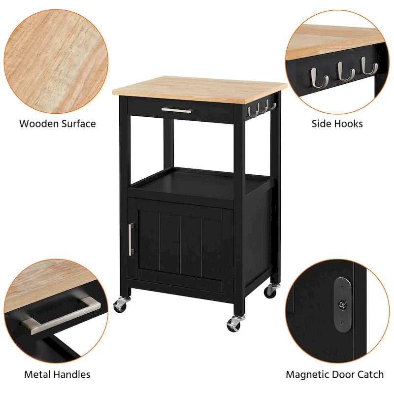 Black Rolling Kitchen Cart with Drawer & Bottom Shelf