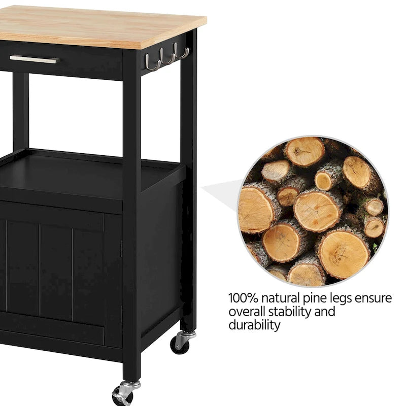 Black Rolling Kitchen Cart with Drawer & Bottom Shelf