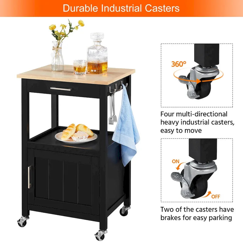 Black Rolling Kitchen Cart with Drawer & Bottom Shelf