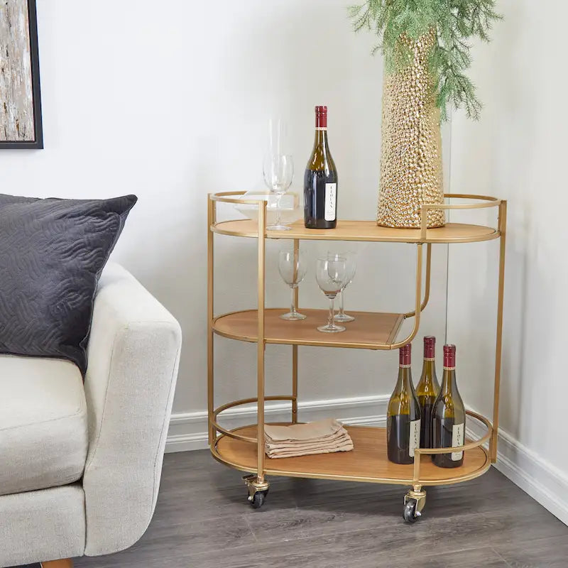 Gold 3-Shelf Rolling Serving Cart, Indoor Use