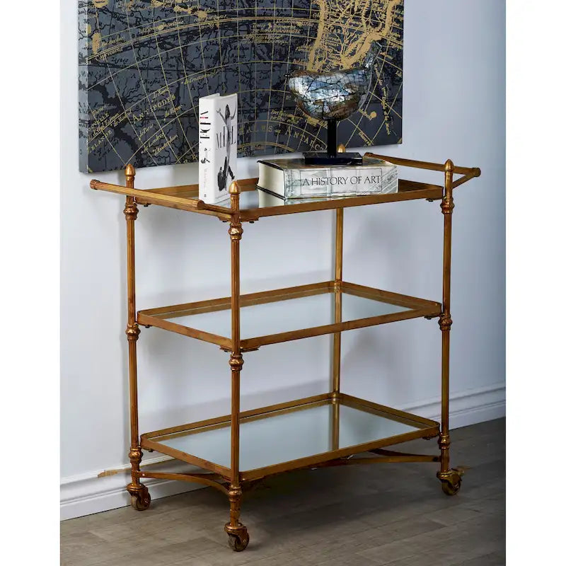 Brass 3-Tier Mirrored Serving Bar Cart with Wheels – For 1 Person