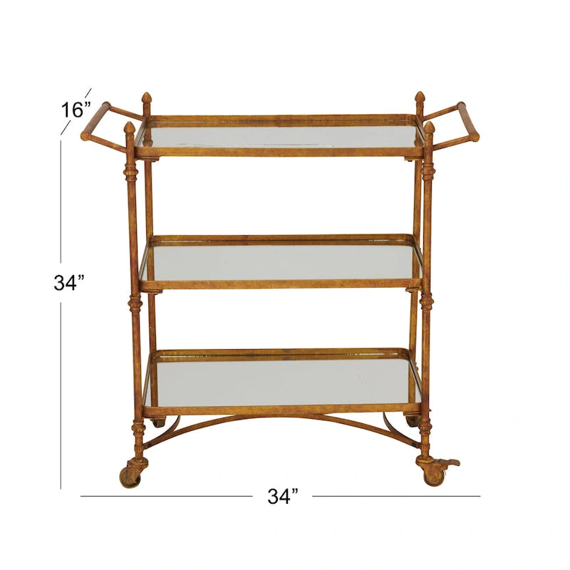 Brass 3-Tier Mirrored Serving Bar Cart with Wheels – For 1 Person