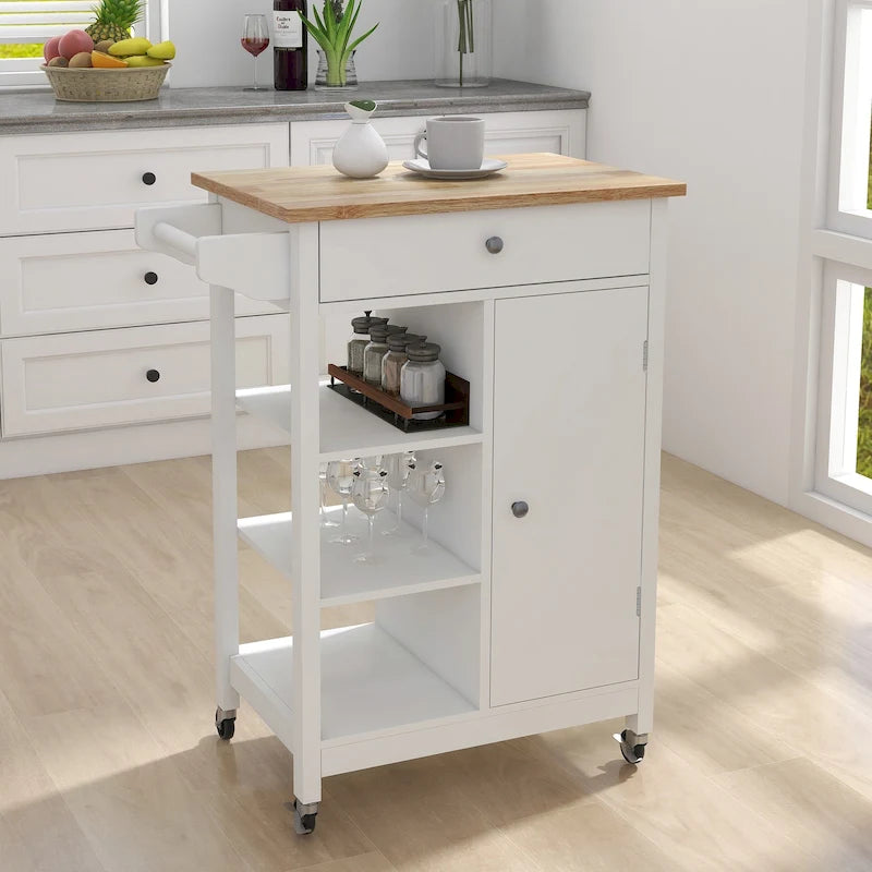 White Single-Door Kitchen Cart with Towel Rack & Wood Countertop