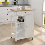 White Single-Door Kitchen Cart with Towel Rack & Wood Countertop