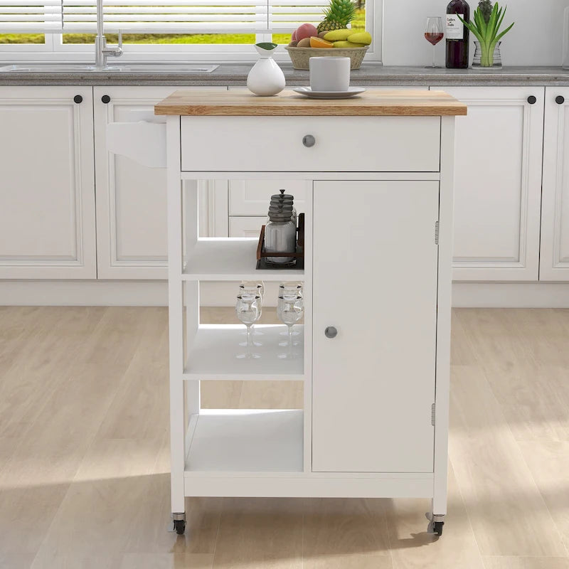 White Single-Door Kitchen Cart with Towel Rack & Wood Countertop