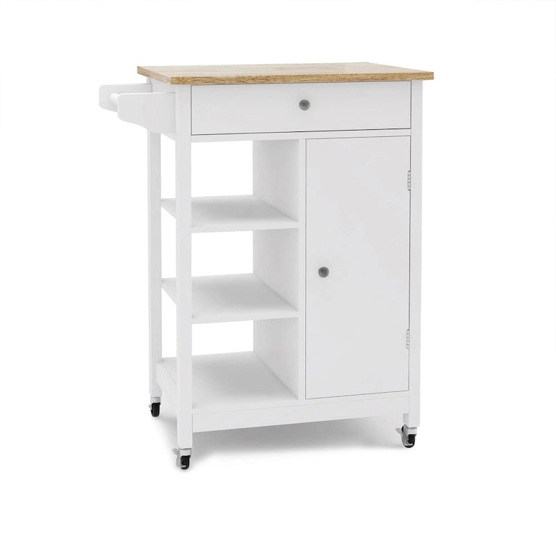 White Single-Door Kitchen Cart with Towel Rack & Wood Countertop