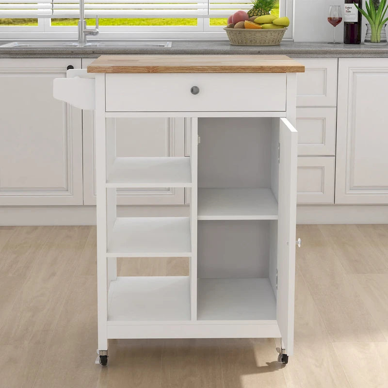 White Single-Door Kitchen Cart with Towel Rack & Wood Countertop