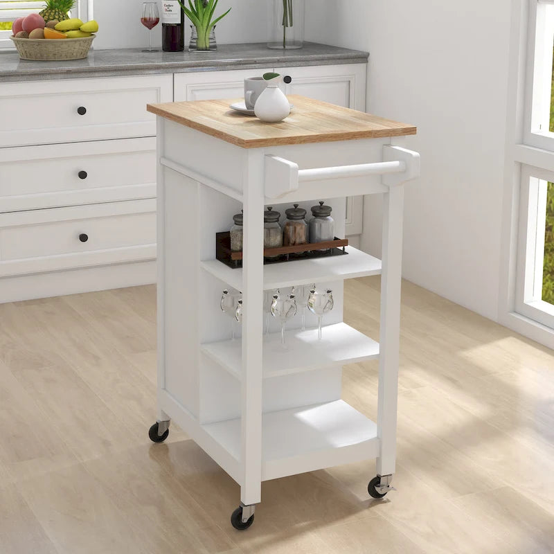 White Single-Door Kitchen Cart with Towel Rack & Wood Countertop
