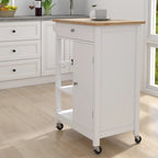 White Single-Door Kitchen Cart with Towel Rack & Wood Countertop