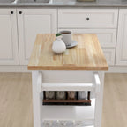 White Single-Door Kitchen Cart with Towel Rack & Wood Countertop