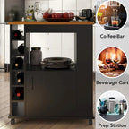 Black Kitchen Cart with Wood Top, 6-Bottle Cubby, for 1