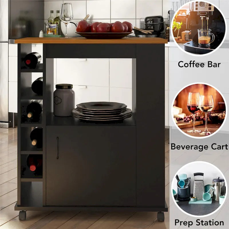 Black Kitchen Cart with Wood Top, 6-Bottle Cubby, for 1