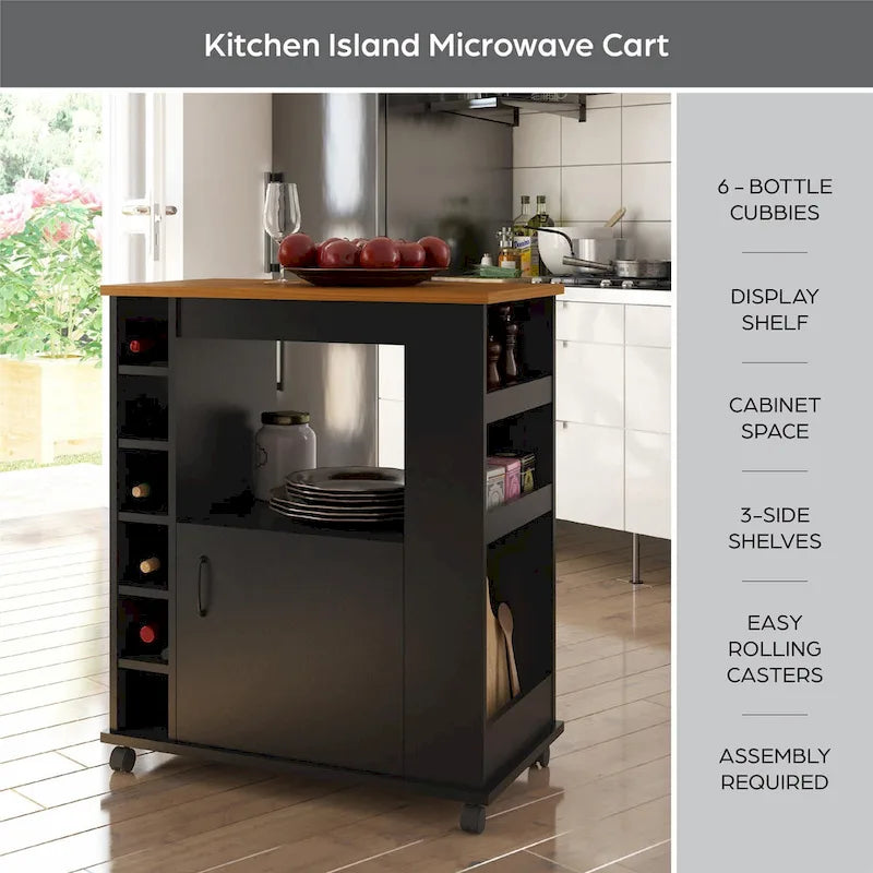 Black Kitchen Cart with Wood Top, 6-Bottle Cubby, for 1