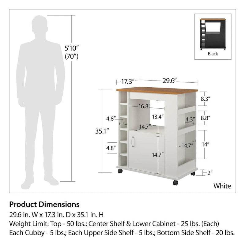 Black Kitchen Cart with Wood Top, 6-Bottle Cubby, for 1