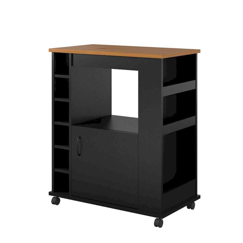 Black Kitchen Cart with Wood Top, 6-Bottle Cubby, for 1