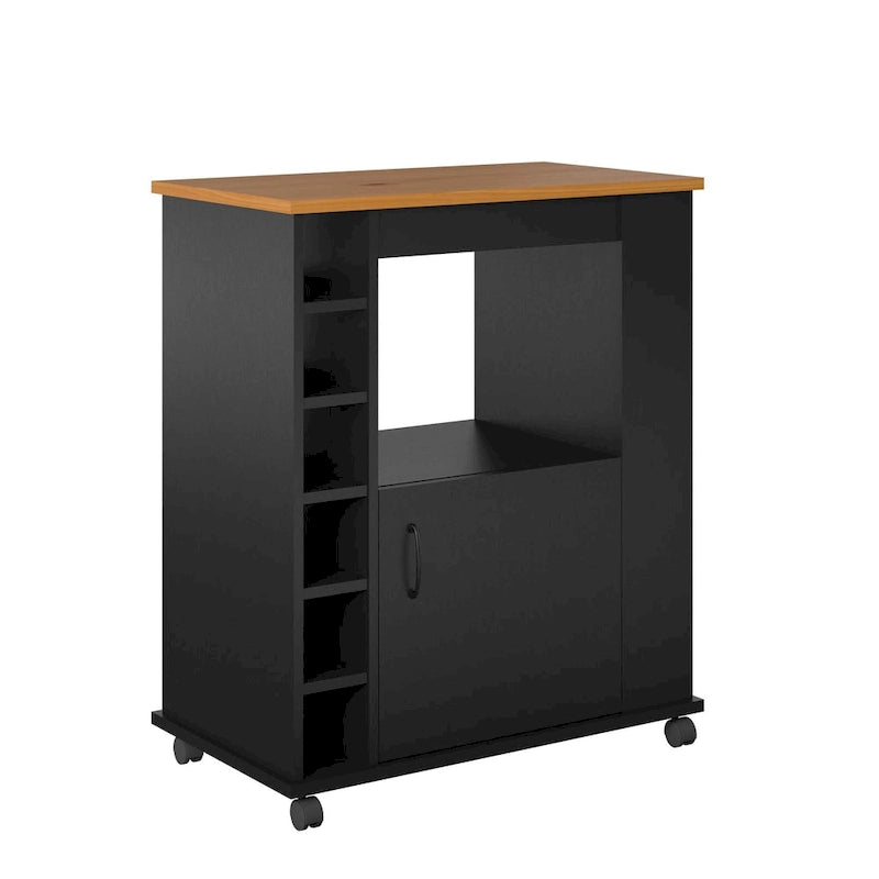 Black Kitchen Cart with Wood Top, 6-Bottle Cubby, for 1