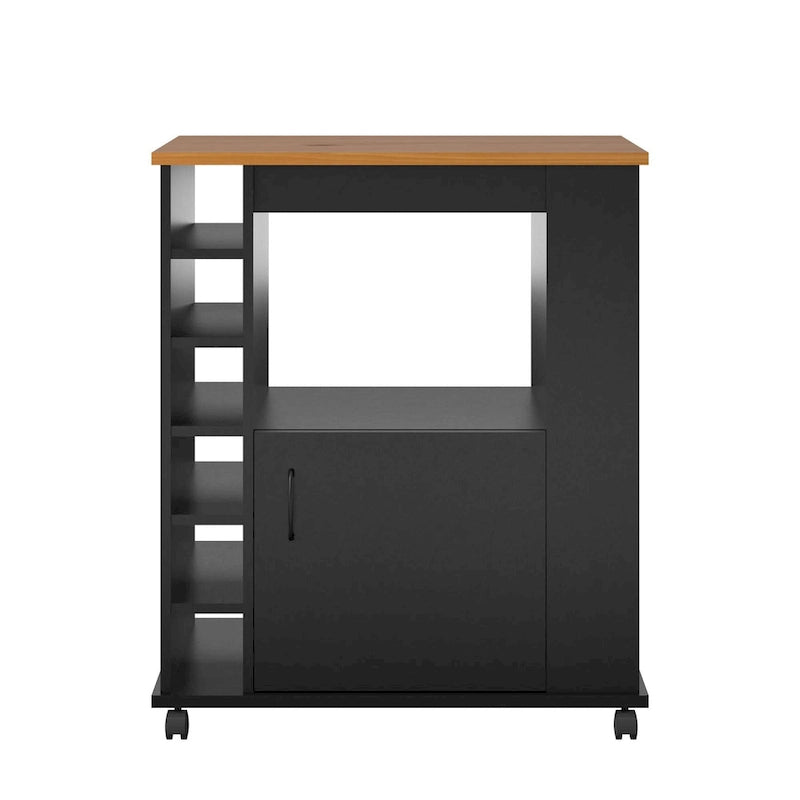 Black Kitchen Cart with Wood Top, 6-Bottle Cubby, for 1