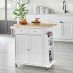White Rolling Kitchen Cart with Storage, 2-Door Cabinet & Drawer