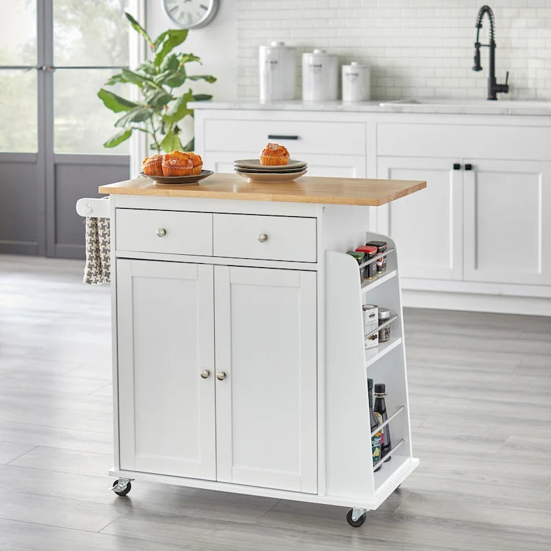 White Rolling Kitchen Cart with Storage, 2-Door Cabinet & Drawer