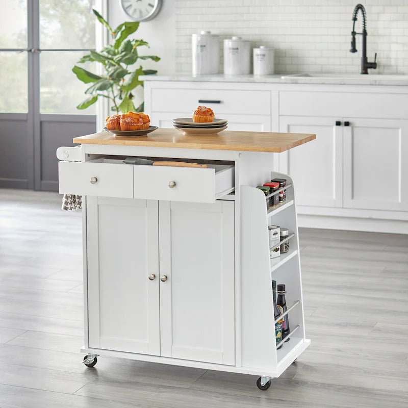 White Rolling Kitchen Cart with Storage, 2-Door Cabinet & Drawer