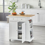 White Rolling Kitchen Cart with Storage, 2-Door Cabinet & Drawer