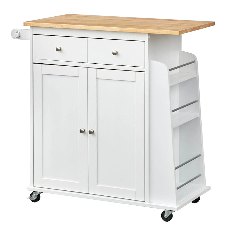 White Rolling Kitchen Cart with Storage, 2-Door Cabinet & Drawer