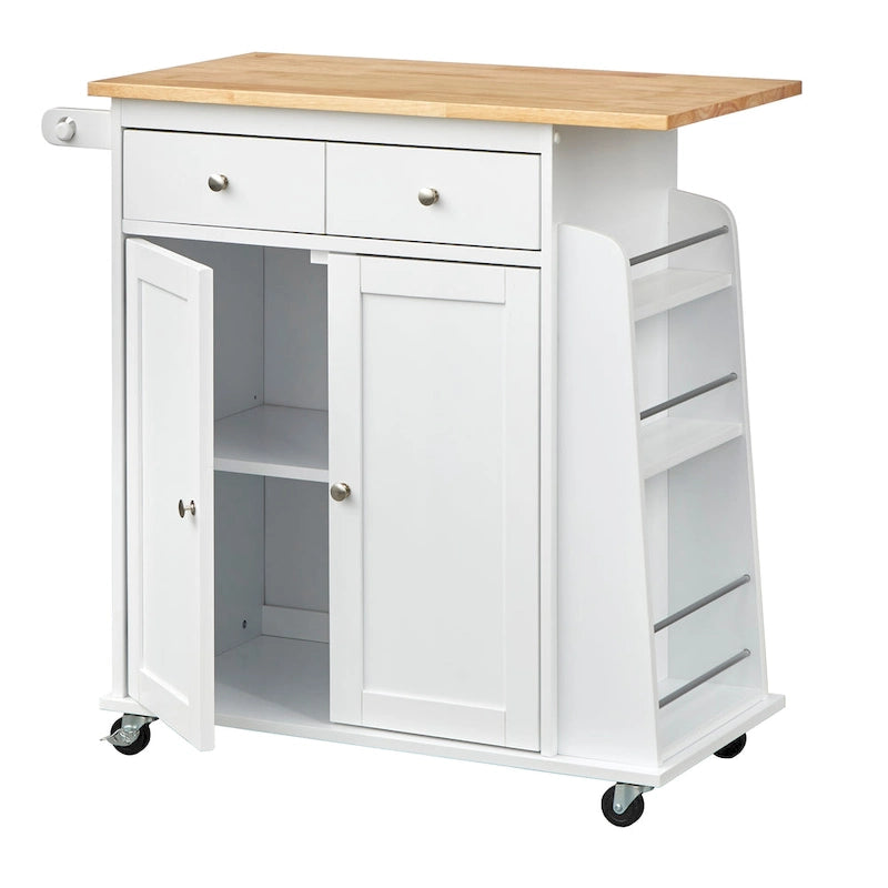 White Rolling Kitchen Cart with Storage, 2-Door Cabinet & Drawer