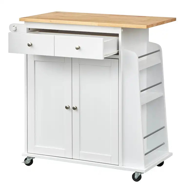 White Rolling Kitchen Cart with Storage, 2-Door Cabinet & Drawer