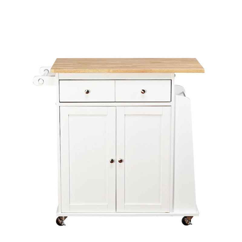 White Rolling Kitchen Cart with Storage, 2-Door Cabinet & Drawer