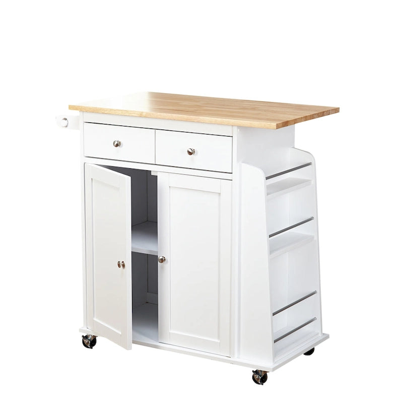 White Rolling Kitchen Cart with Storage, 2-Door Cabinet & Drawer