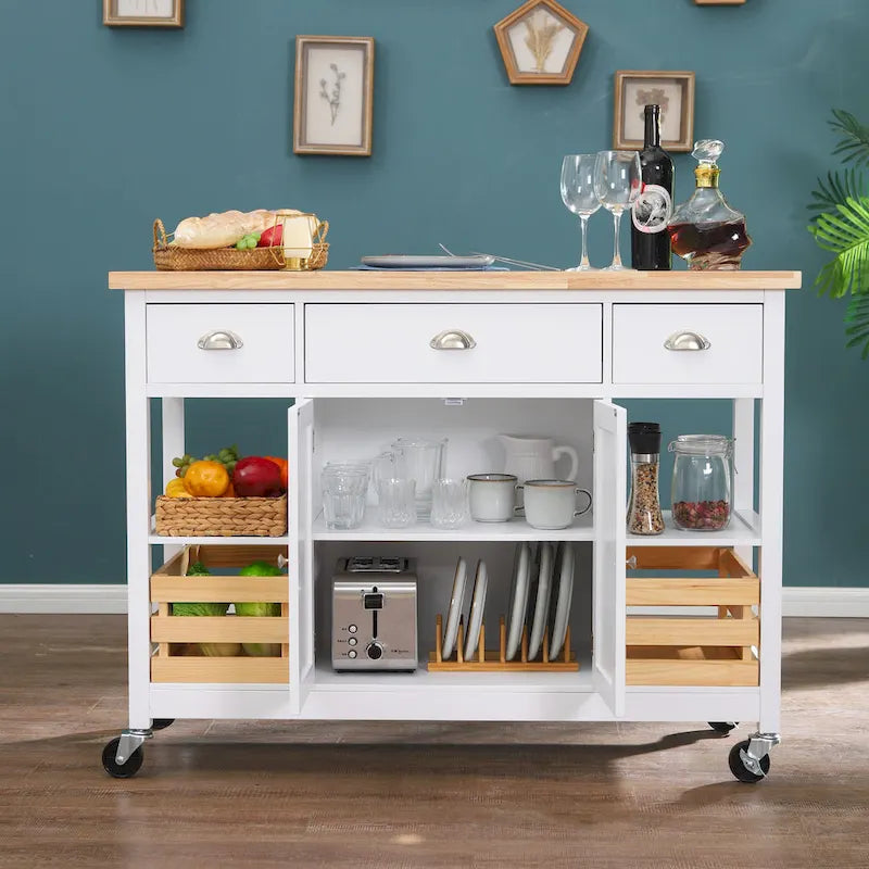 White Wood-Top Kitchen Cart with Storage