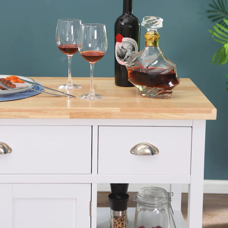 White Wood-Top Kitchen Cart with Storage