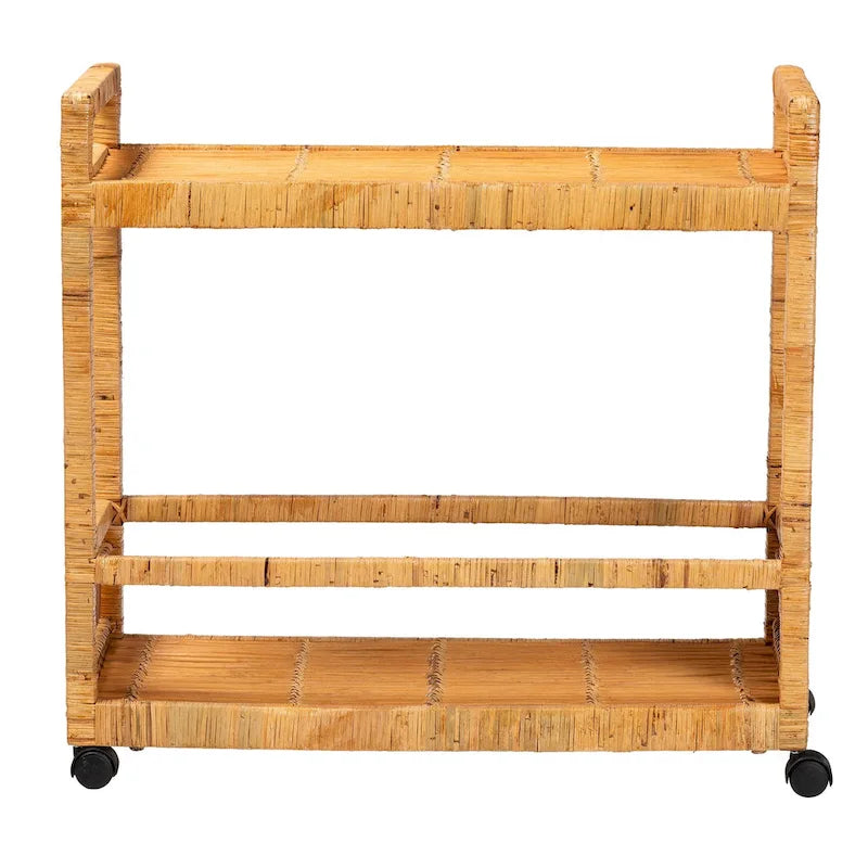 Natural Brown 2-Tier Rattan & Teak Wood Kitchen Cart, for 1 Unit