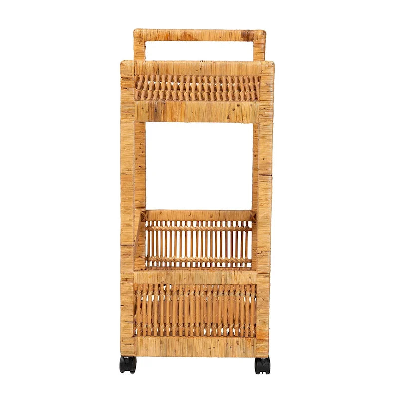 Natural Brown 2-Tier Rattan & Teak Wood Kitchen Cart, for 1 Unit