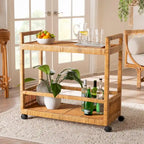 Natural Brown 2-Tier Rattan & Teak Wood Kitchen Cart, for 1 Unit