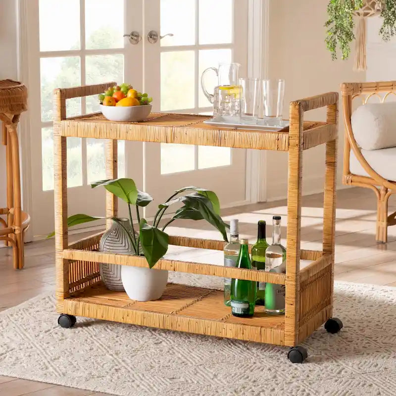 Natural Brown 2-Tier Rattan & Teak Wood Kitchen Cart, for 1 Unit