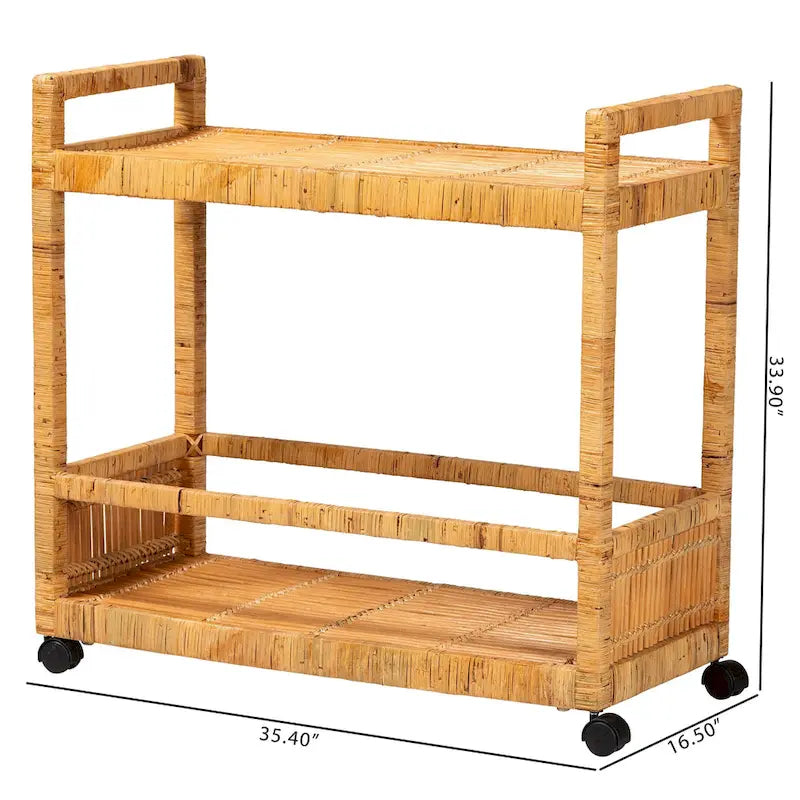 Natural Brown 2-Tier Rattan & Teak Wood Kitchen Cart, for 1 Unit