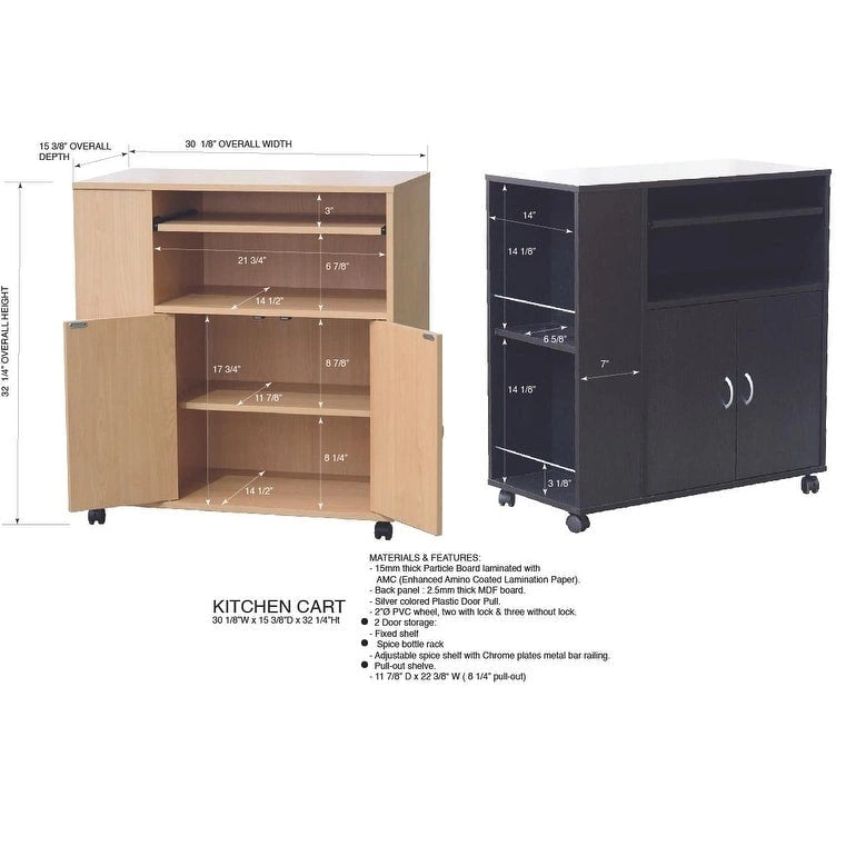 Black Rolling Kitchen Cart with Storage Cabinet, 1-Person