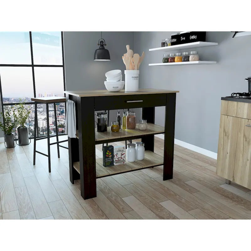 Black/Light Oak Kitchen Island, 2 Shelves, 1 Drawer, 40"