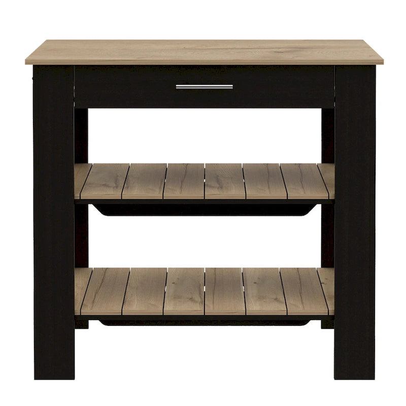 Black/Light Oak Kitchen Island, 2 Shelves, 1 Drawer, 40"