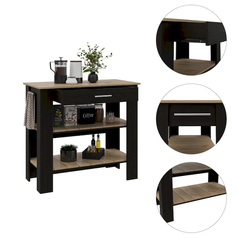 Black/Light Oak Kitchen Island, 2 Shelves, 1 Drawer, 40"