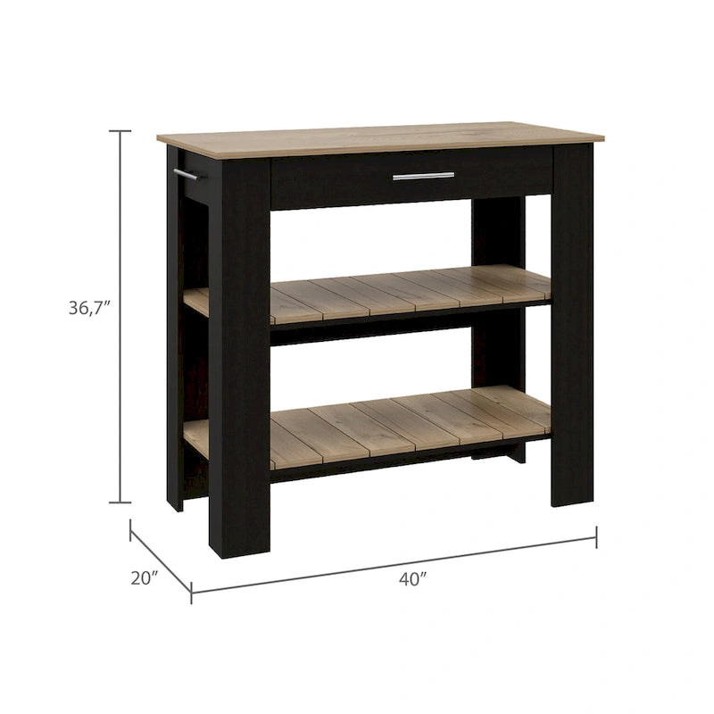 Black/Light Oak Kitchen Island, 2 Shelves, 1 Drawer, 40"