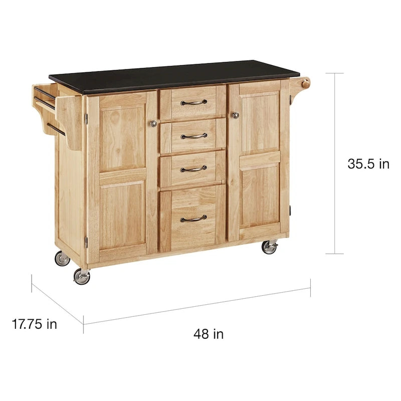 Natural Finish Black Granite Top Rolling Kitchen Cart