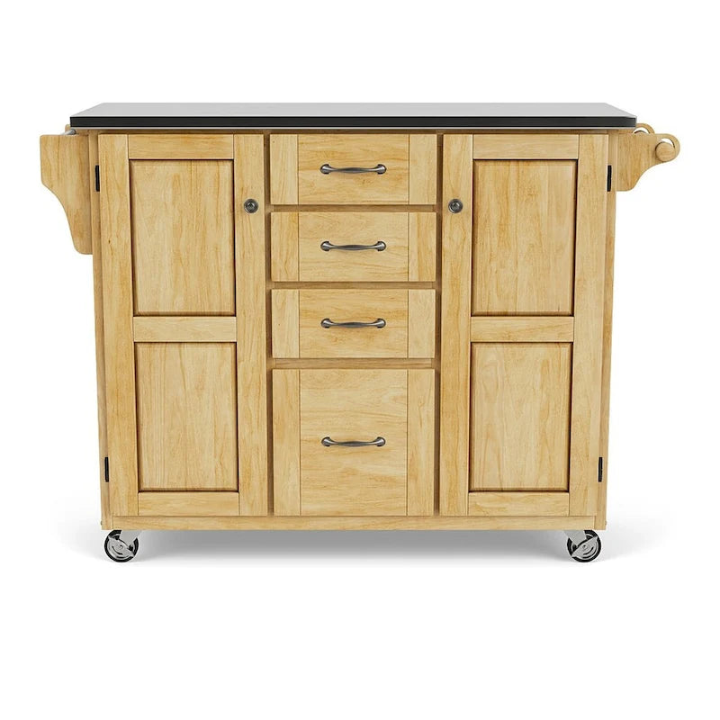 Natural Finish Black Granite Top Rolling Kitchen Cart