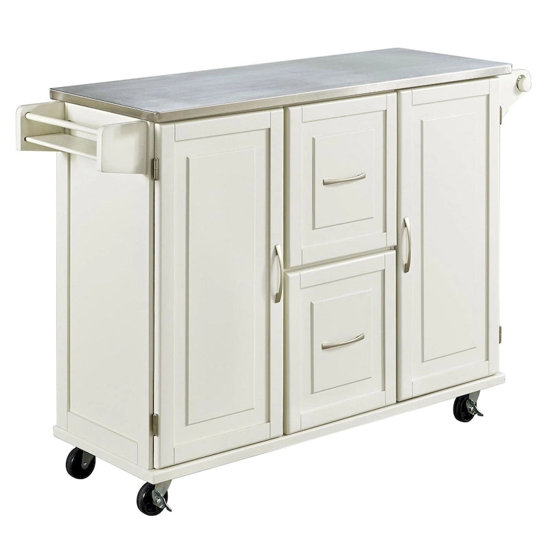 Off-White / Black Wood Kitchen Cart with Stainless Steel Top, 1 Unit