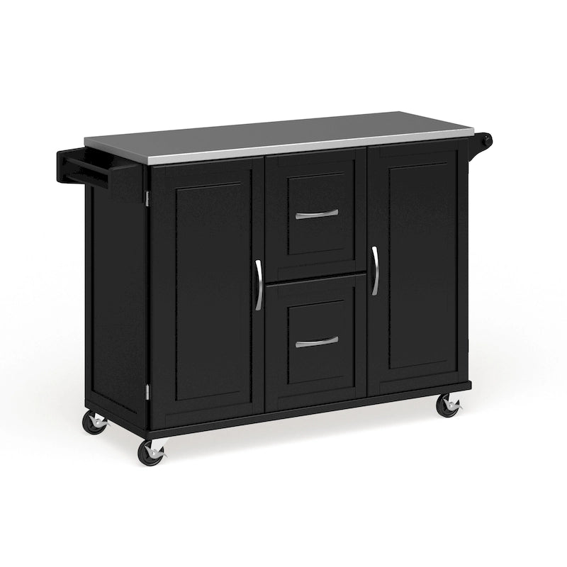 Off-White / Black Wood Kitchen Cart with Stainless Steel Top, 1 Unit