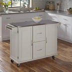Off-White / Black Wood Kitchen Cart with Stainless Steel Top, 1 Unit