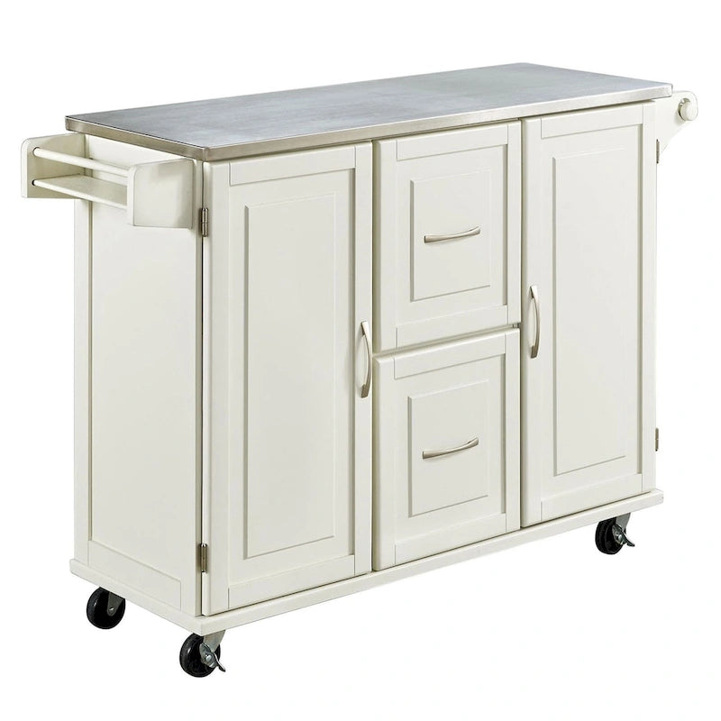 Off-White / Black Wood Kitchen Cart with Stainless Steel Top, 1 Unit