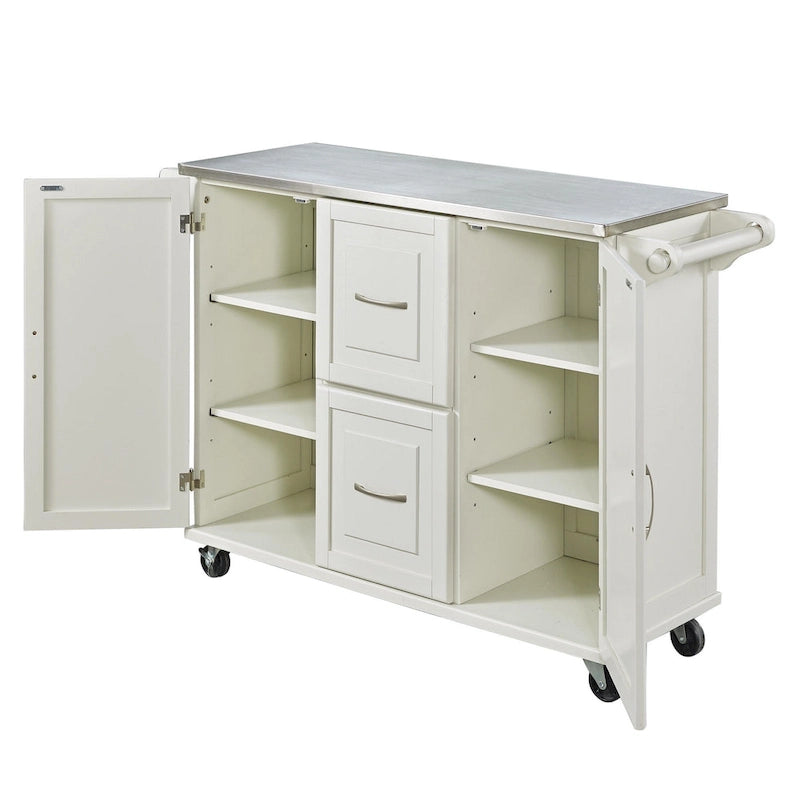 Off-White / Black Wood Kitchen Cart with Stainless Steel Top, 1 Unit